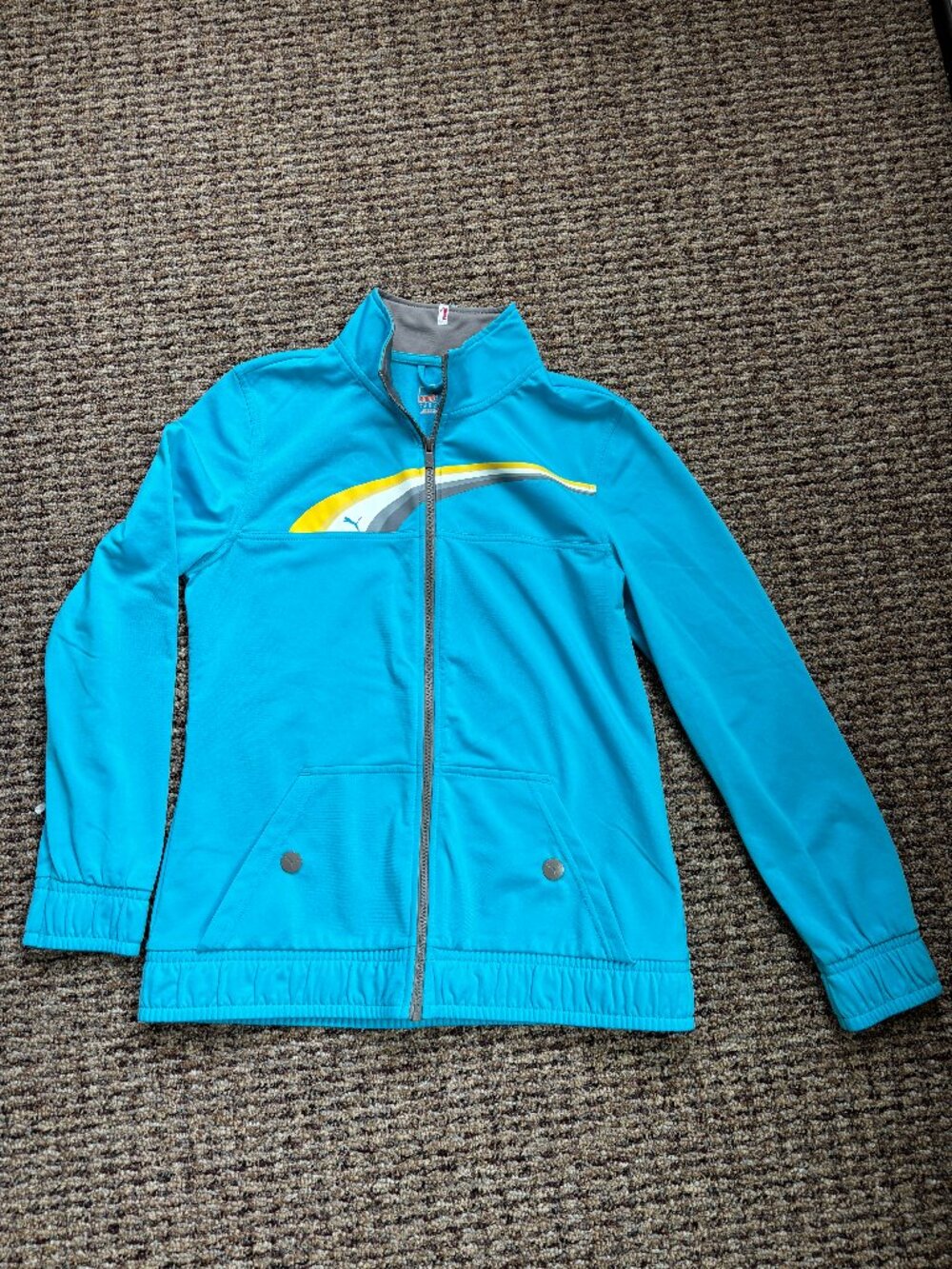 Puma women's retro-look track jacket.  Turquoise. Size large.